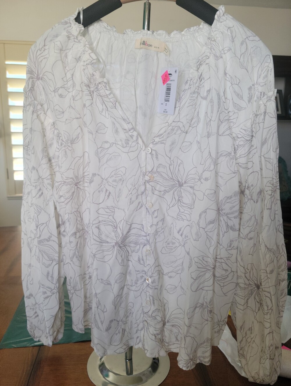 Millibon White Blouse with Gray Floral Line Print